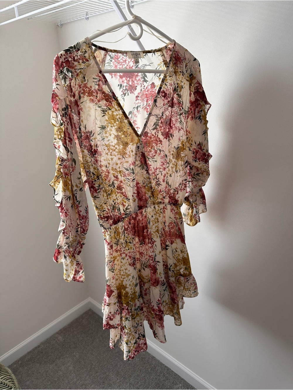 Umgee Floral Ruffle V-Neck Mini Dress in Cream, Pink and Mustard